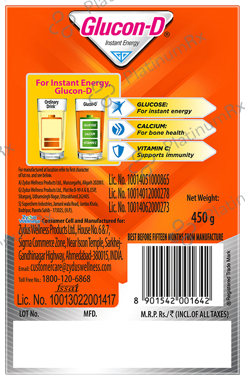Glucon-D with Glucose, Calcium, Vitamin C & Sucrose - Flavour Tangy Orange 450 gm
