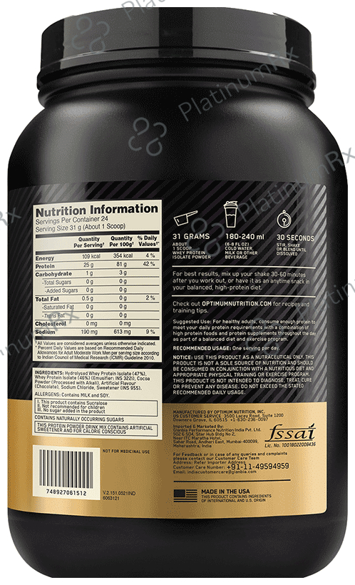 Optimum Nutrition (ON) Gold Standard 100% Hydrolysed and Ultra-Filtered Whey Protein Isolate - Flavour Powder Chocolate Bliss 1 lb