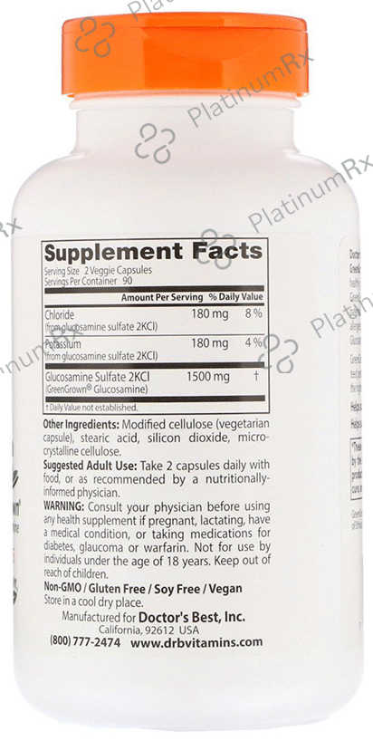 Doctor's Best Vegan Glucosamine Sulfate with GreenGrown Glucosamine 750mg Veggie Capsule - For Healthy Joints