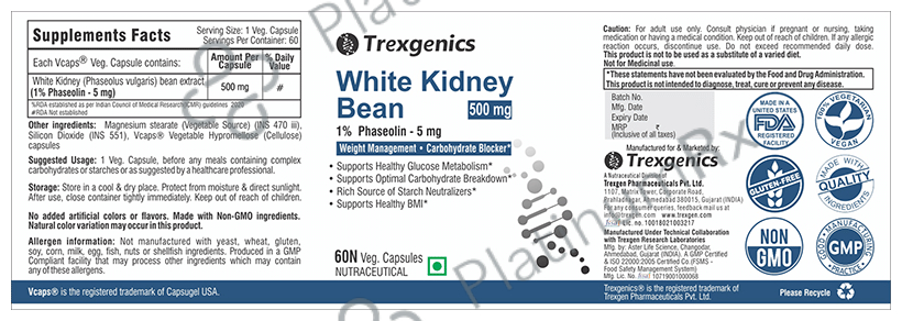 Trexgenics White Kidney Bean 1% Phaseolin 500mg Veg Capsule