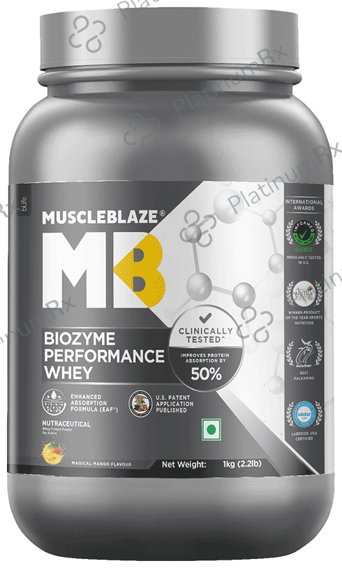 MuscleBlaze Biozyme Performance Whey Protein - For Muscle Gain - Improves Protein Absorption by 50% - Flavour Powder Magical Mango 1 kg