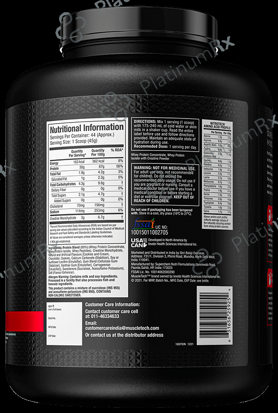 Muscletech Nitro Tech Whey Protein for Muscle Recovery - Flavour Powder Cookies & Cream 2 kg