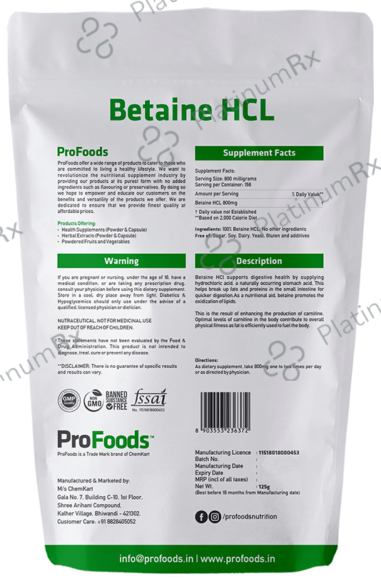 ProFoods Nutrition Betaine HCL for Digestion 125 gm