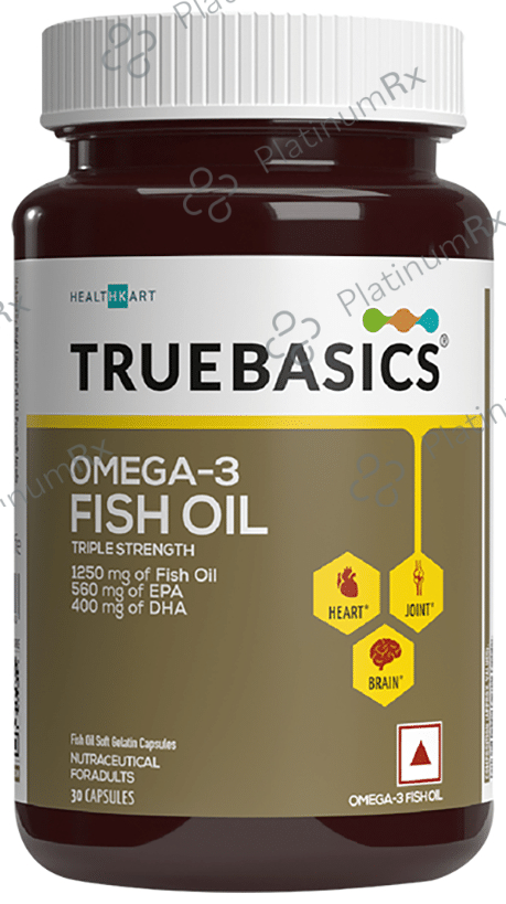 TrueBasics Omega 3 Triple Strength Fish Oil 1250mg - For Brain, Heart & Joints - Soft Gelatin Capsule 30 capsules
