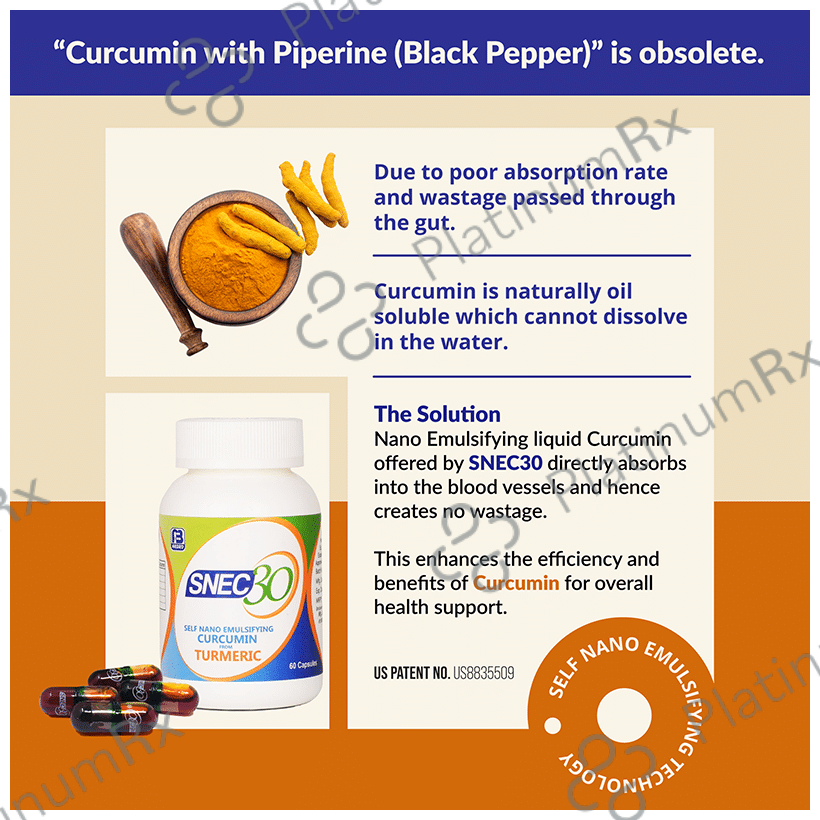 Snec 30 Liquid Turmeric Curcumin Capsule US Patent - Supports Joint, Heart & Brain Health 60 capsules