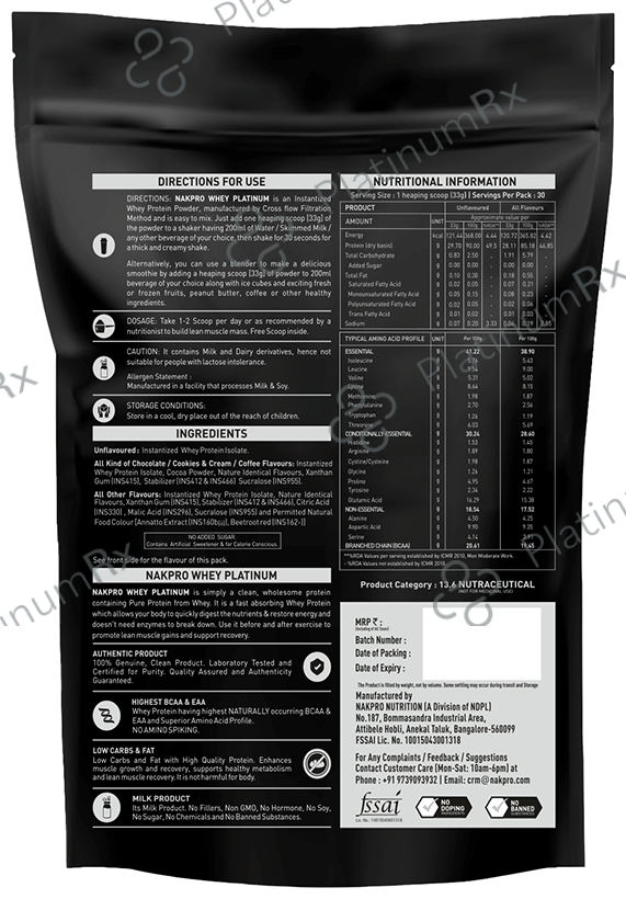 Nakpro Nutrition Whey Platinum Protein Isolate for Muscle Recovery - Flavour Vanilla