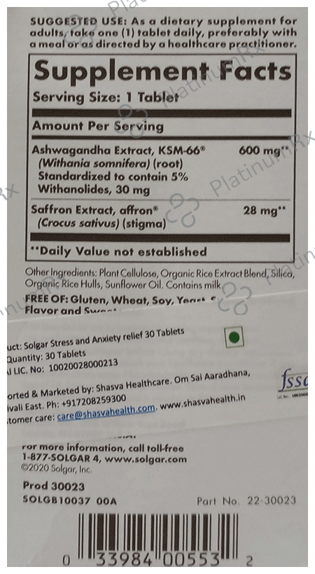 Solgar Ashwagandha & Saffron Stress & Anxiety Relief Tablet