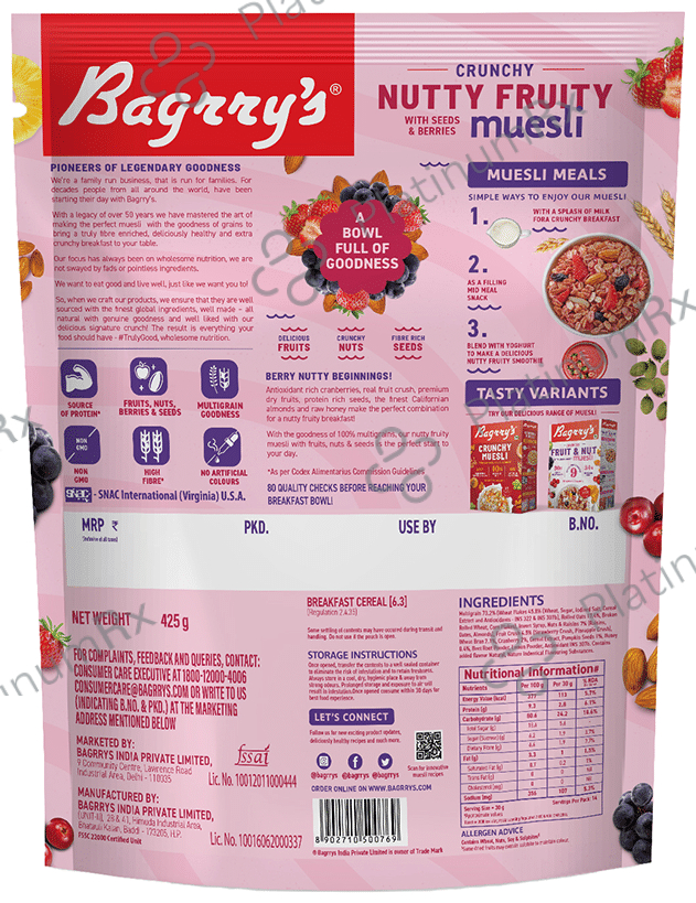 Bagrry's Crunchy Nutty Fruity with Seeds & Berries Muesli 425 gm