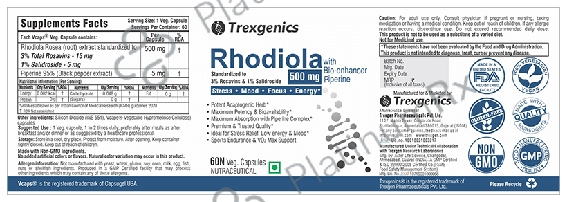 Trexgenics Rhodiola 500mg with Piperine Absorption Complex Veg Capsule