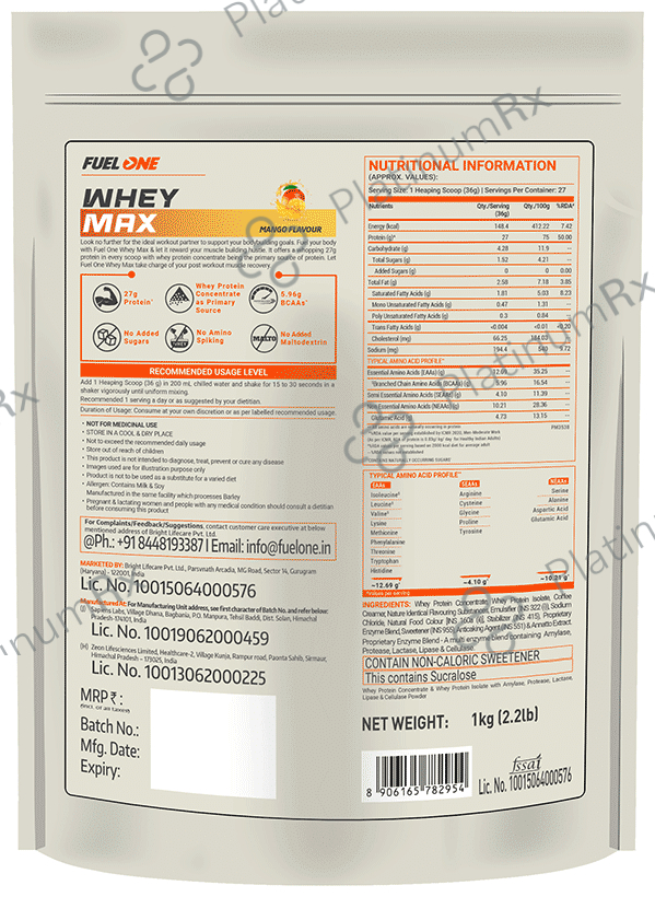 Fuel One Whey Max, Whey Protein Concentrate & Whey Protein Isolate Mango