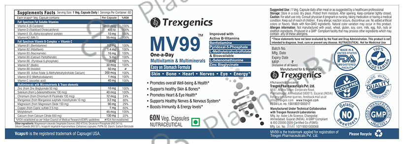 Trexgenics MV99 One-a-Day Multivitamin & Multiminerals Veg Capsule