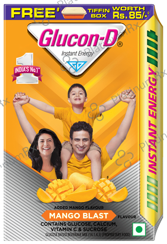 Glucon D with Glucose, Calcium, Vitamin C & Sucrose - Flavour Mango Burst with Tiffin Box Free
