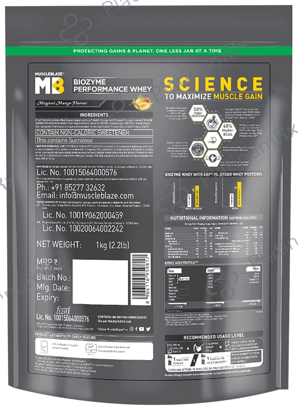 MuscleBlaze Biozyme Performance Whey Protein - For Muscle Gain - Improves Protein Absorption by 50% - Flavour Powder Magical Mango Refill Pack