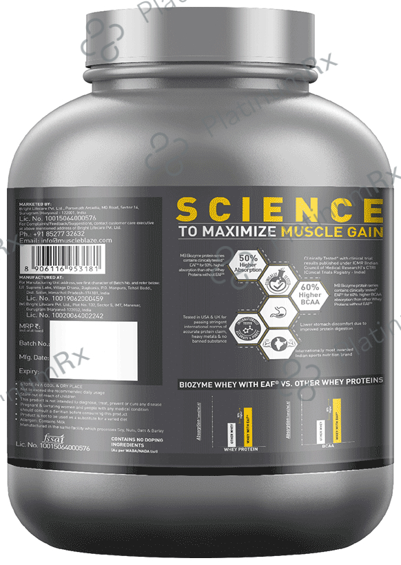 MuscleBlaze Biozyme Performance Whey Protein - For Muscle Gain - Improves Protein Absorption by 50% - Flavour Powder Rich Chocolate 2 kg
