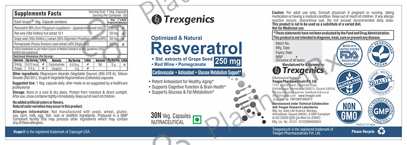 Trexgenics Optimized & Natural Resveratrol 250mg Veg Capsule