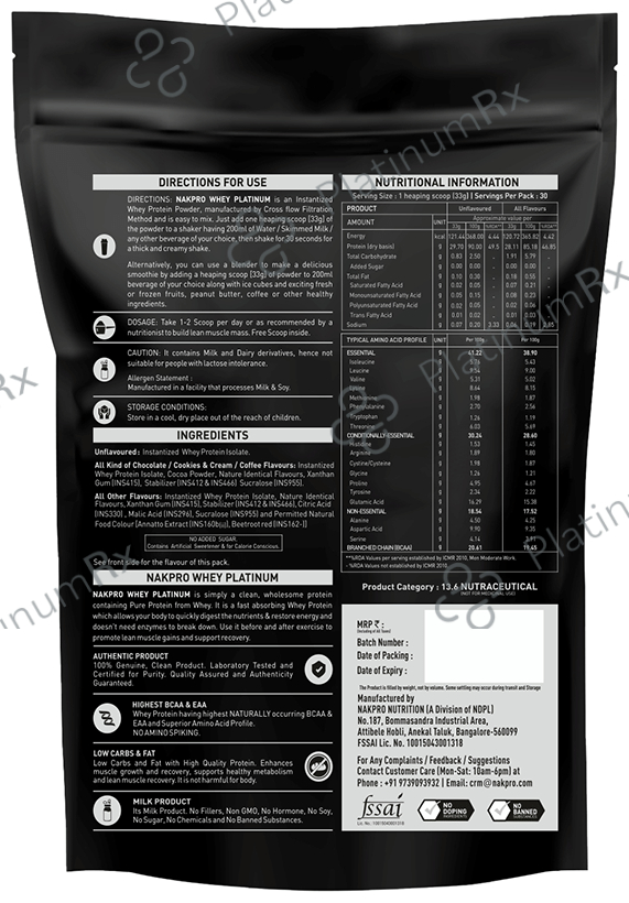 Nakpro Nutrition Whey Platinum Protein Isolate for Muscle Recovery - Flavour Chocolate