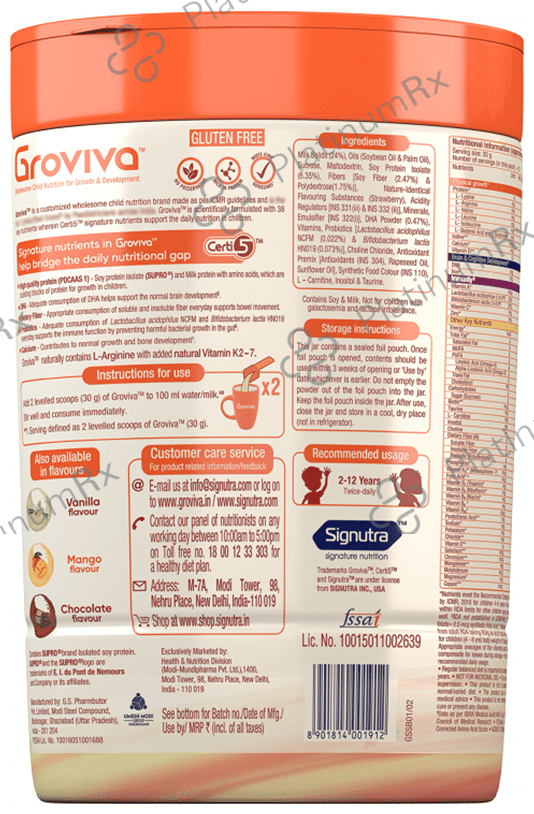 Groviva Child Nutrition for Physical Growth, Brain Development & Immunity - Flavour Strawberry Powder 400 gm