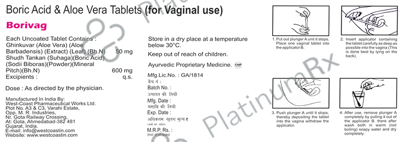 West-Coast Borivag Boric Acid & Aloe Vera Tablet for Vaginal Use with 2 Applicators