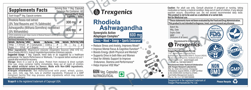 Trexgenics Rhodiola Ashwagandha 600mg Veg Capsule