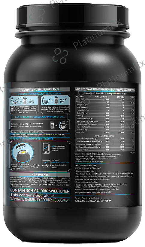 MuscleBlaze 100% Micellar Casein Slow Release Protein Powder - For Muscle Support - Chocolate