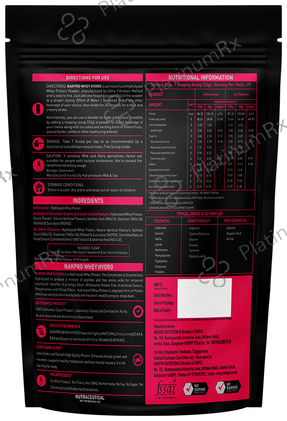 Nakpro Nutrition Whey Hydro Hydrolyzed Whey Protein Powder Vanilla