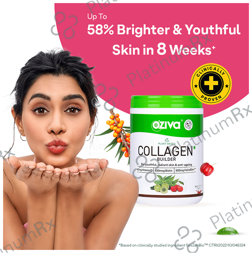 Oziva Plant Based Collagen Builder with Vitamin C & Biotin - Effervescent Tablet for Skin Health - Flavour Berry Orange