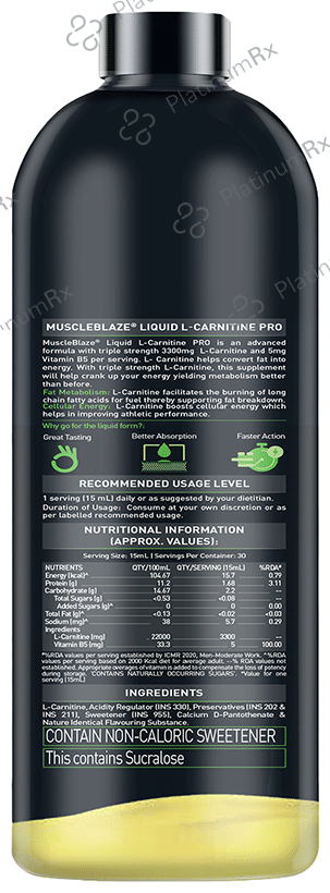 MuscleBlaze Liquid L-Carnitine Pro - For Energy, Fat Metabolism & Performance - Flavour Lemon Lime