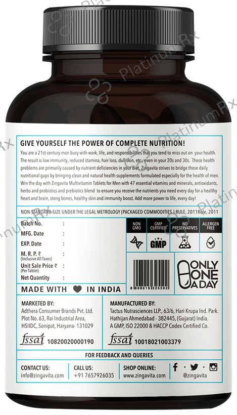Zingavita Multivitamin For Men with Vitamins, Minerals, Omega 3 & Herbs - For Immunity, Stamina & Muscle Support - 120 tablets