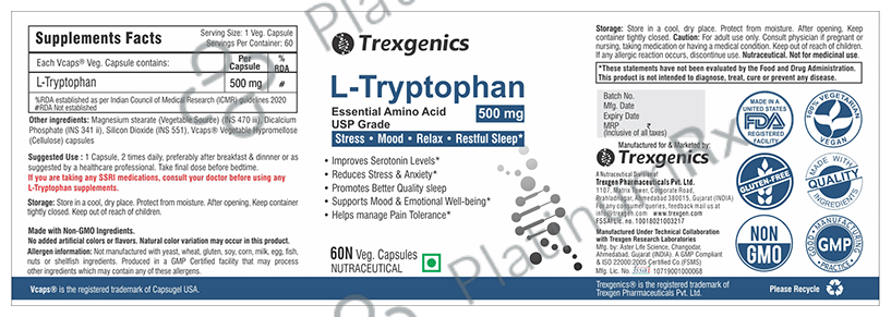 Trexgenics L-Tryptophan 500mg Veg. Capsules