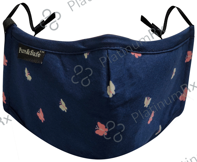 Pure & Safe Designer N 95 Face Mask - 5 Layered Reusable Anti Pollution Mask with Activated Carbon Filter for Women Dark Blue Butterfly Designer
