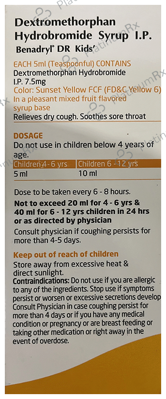 Benadryl DR Kids Syrup Mixed fruit flavour Alcohol Free