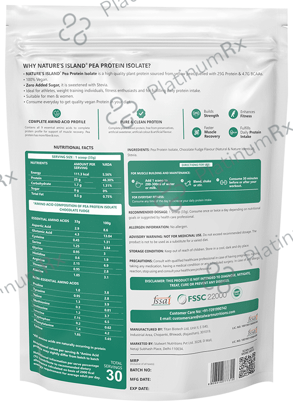 Nature's Island Pea Protein Isolate Powder Chocolate Fudge 1 kg