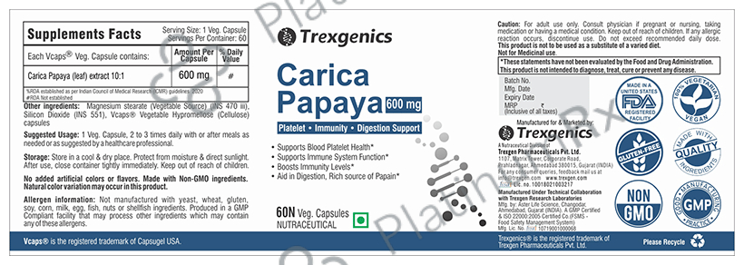 Trexgenics Carica Papaya 600mg Veg Capsule