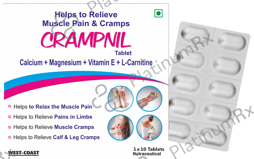 West-Coast Crampnil Tablet with Calcium, Magnesium, Vitamin E & Carnitine - For Relief from Muscle & Knee Cramps, Limb Pain - 10s