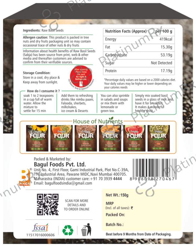 Everyday Four Raw Basil Seeds (150gm Each) 1 Box