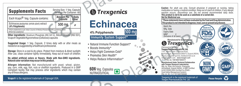 Trexgenics Echinacea 4% Polyphenols 500mg Veg Capsule