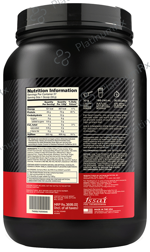 Optimum Nutrition (ON) Gold Standard 100% Whey Protein - For Muscle Recovery - No Added Sugar - Flavour Powder Cookies & Cream 2 lb