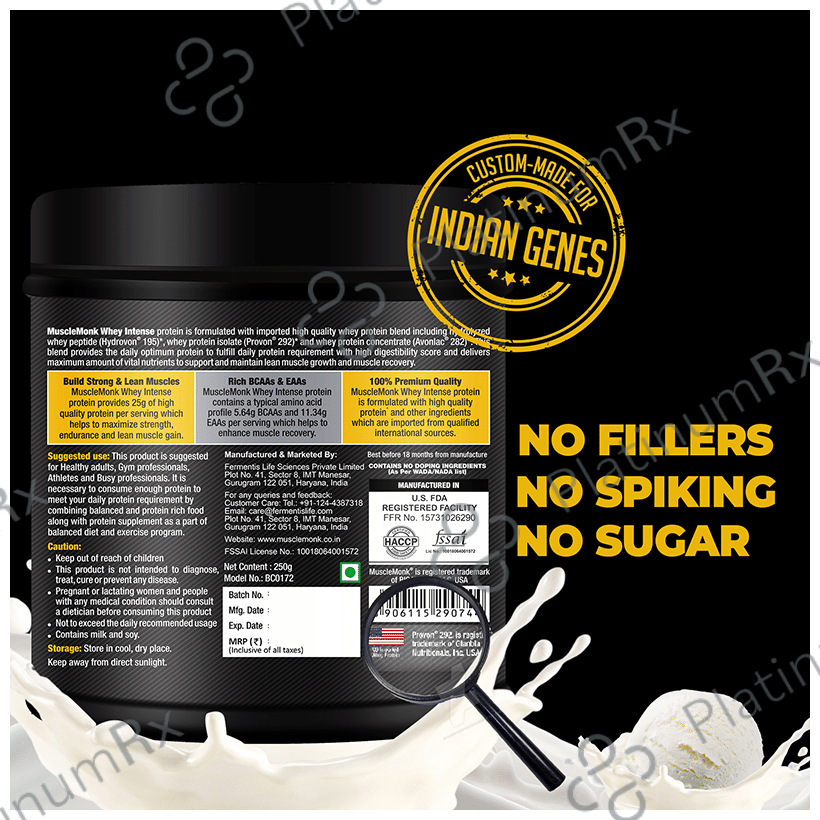 Muscle Monk Whey Intense High Strength Whey Protein Blend Creamy Vanilla 250 gm