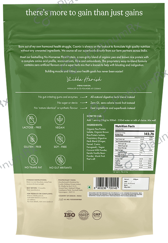 Cosmix No-Nonsense Plant Protein (500gm Each) Real Kerala Vanilla Bean 1 Pack