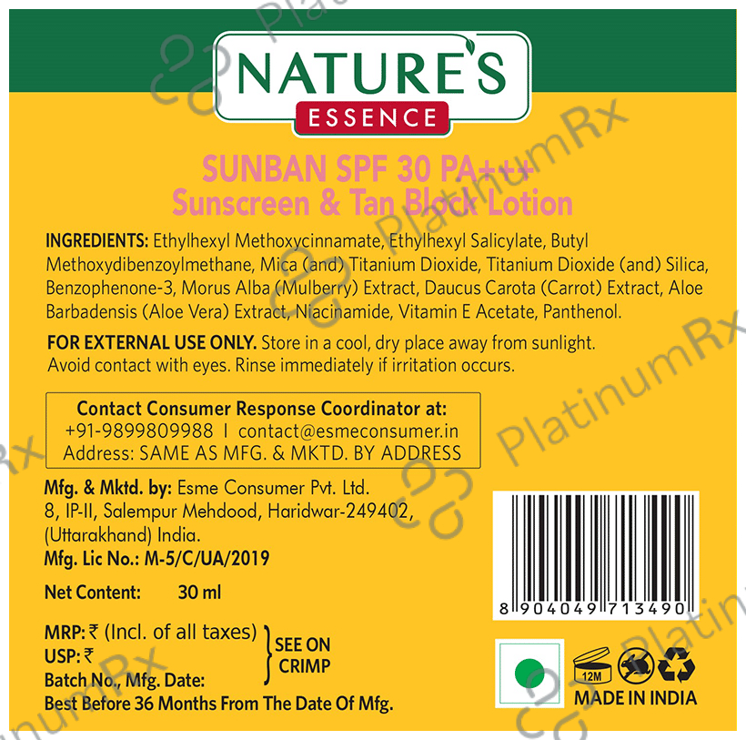 Nature's Essence Sunban Sunscreen & Tan Block Lotion SPF 30 PA+++ 30 ml