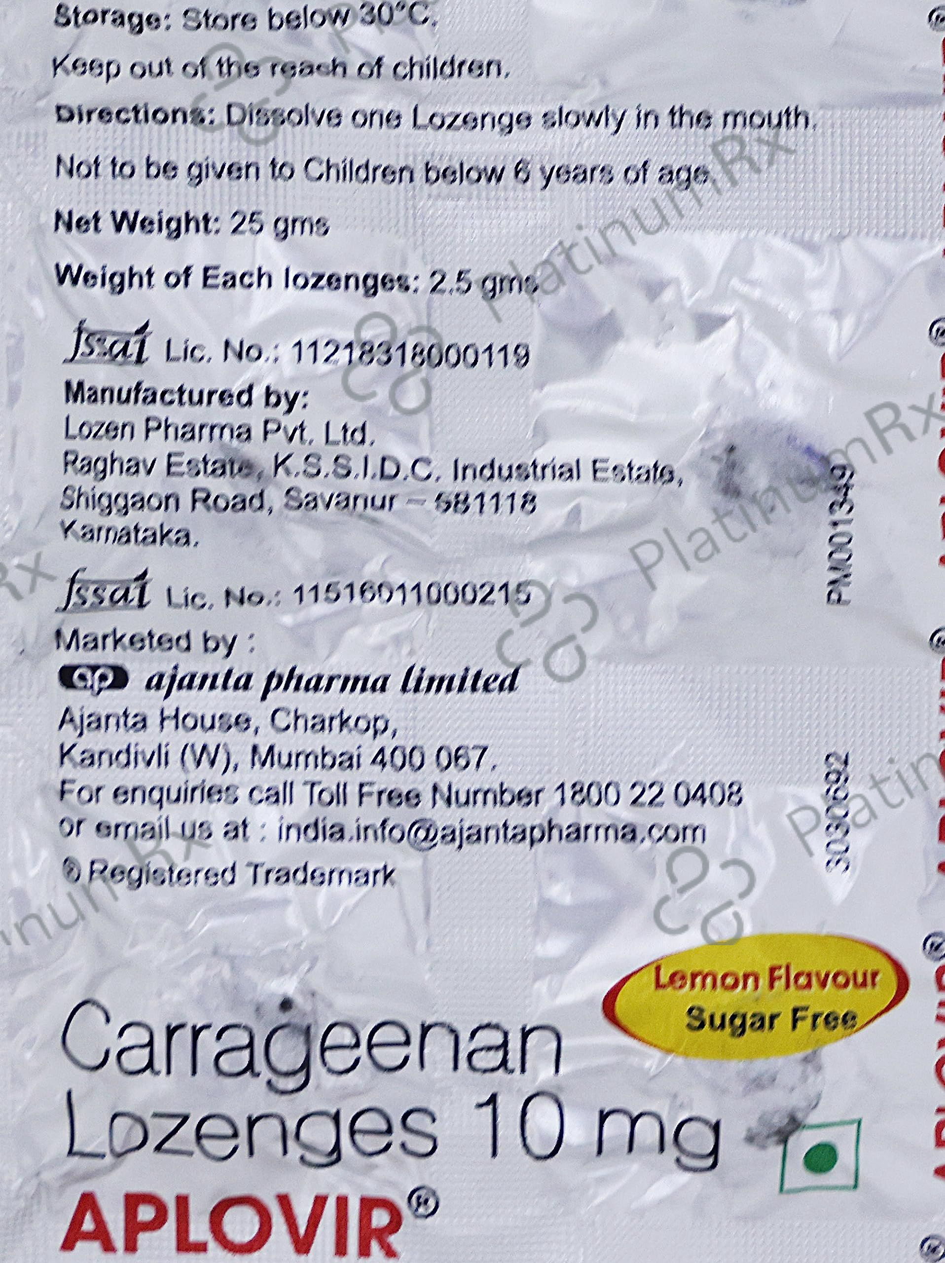 Aplovir 10mg Lemon Lozenge 10s