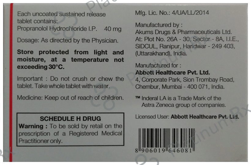Inderal LA SR 40mg Tablet 15s