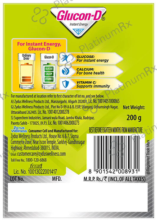 Glucon-D with Glucose, Calcium, Vitamin C & Sucrose - Flavour Nimbu Pani 200 gm