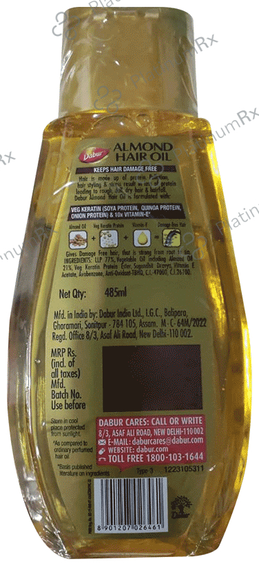 Dabur Almond Hair Oil with Soya Protein & Vitamin E - For Damage Free Hair with 200ml Hair Oil Free 485 ml