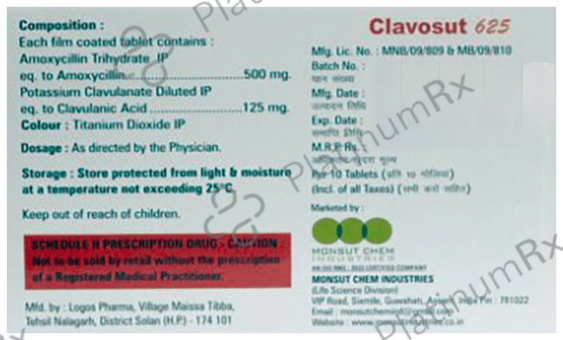 Clavosut 500mg/125mg Tablet