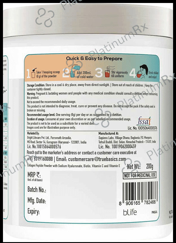 TrueBasics CollaSkin Marine Collagen Peptides for Youthful Glowing Skin Powder Mixed Fruit