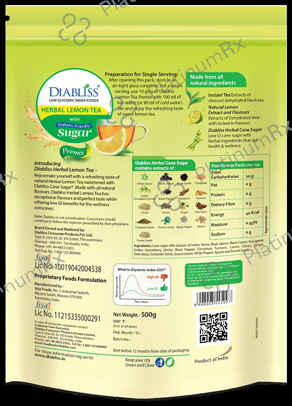 Diabliss Low Glycemic Index Herbal Lemon Tea - Diabetic Friendly