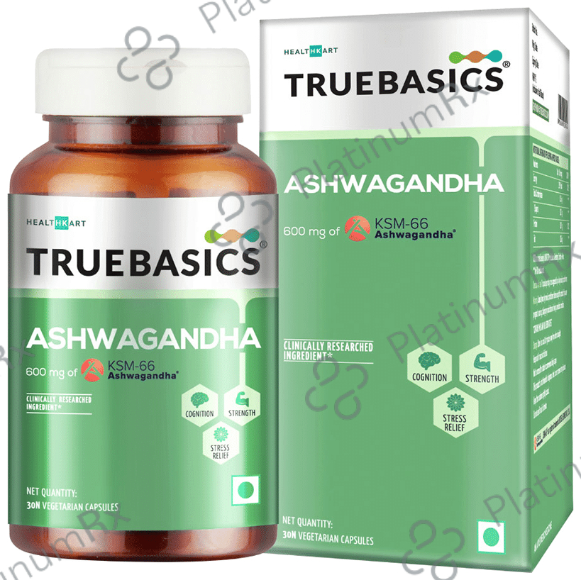 TrueBasics Ashwagandha 600mg - Veg Capsule for Brain, Strength & Stress Relief 30 vegicaps
