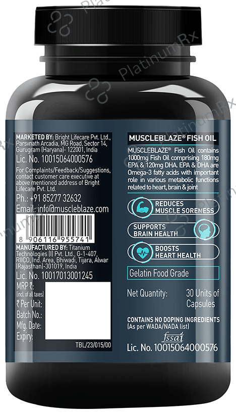 MuscleBlaze Fish Oil 1000mg - For Heart, Brain, Joint, Eyes & Immunity - Soft Gelatin Capsule 30 capsules
