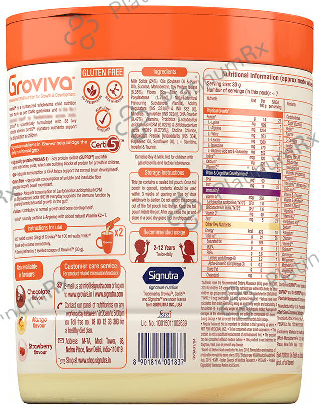 Groviva Child Nutrition for Physical Growth, Brain Development & Immunity - Flavour Vanilla Powder 200 gm